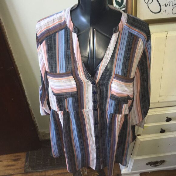 Torrid multicolored striped empire waist semi sheer 1x blouse - Picture 1 of 3